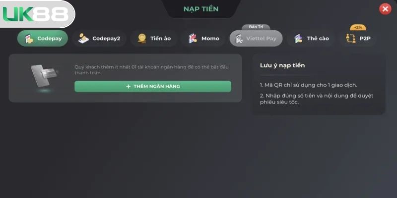 Chọn ngân hàng, ví, thẻ hoặc USDT để gửi tiền an toàn